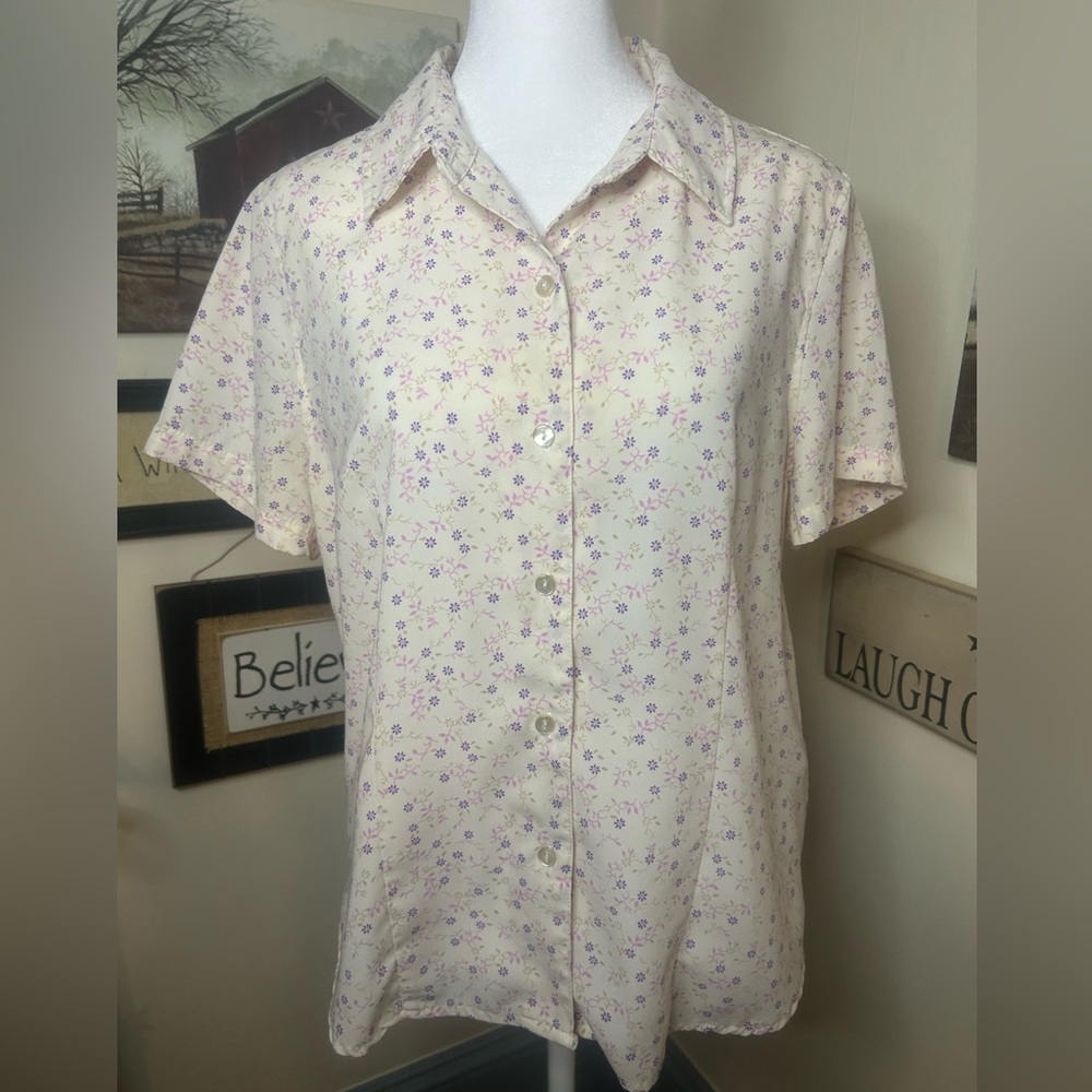 Laura Scott Floral Button Down Shirt - Cream and Purple